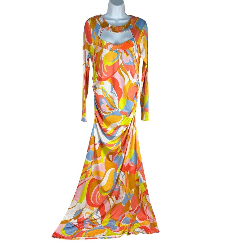 Boston Proper Womens Medium Multicolor Maxi Dress Sequin Accents Long Sleeve